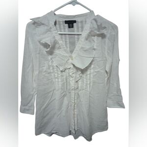 Apostrophe White Ruffle Front Blouse Women’s Medium Dressy Button Down Top